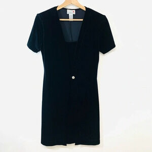 Vintage 90s Black Velvet Cocktail Dress 5/6 Sheath Knee Length Stretch Hoiiday